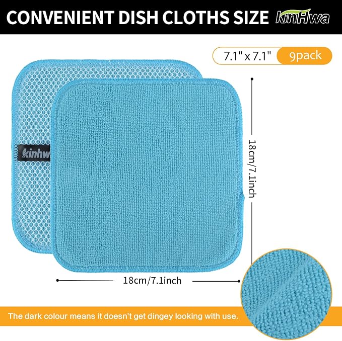 Dish Cloths for Washing Dishes with Scrub Side, Microfiber Dish Rags | Dual-sided microfiber dish cloths with scrubber for stuck-on food, quick dry kitchen washcloths 9 Pack, 7" x 7 Inch Blue