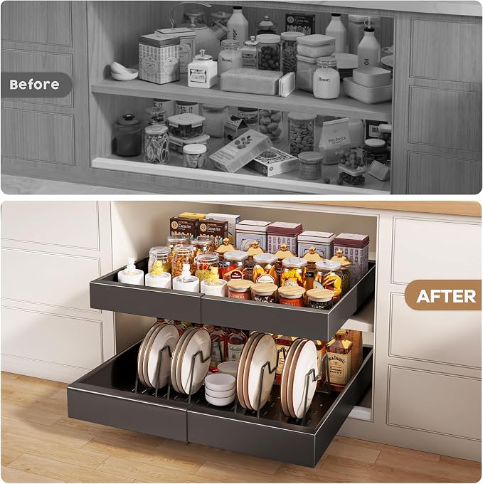 Seinloes 2 Pack Pull out Cabinet Organizer 21"Deep With Raising Pad for Framed Cabinets, Expandable Slide out Drawers for Kitchen Cabinets with 4pcs Divider Racks, Roll out Shelves 12.1"-20.4" W Black