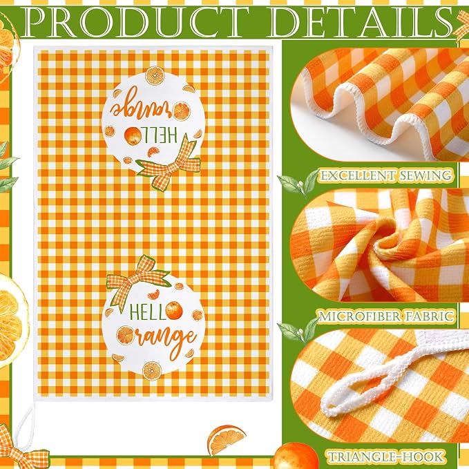 4 Pcs Orange Kitchen Towels, Citrus Grid Hand Dish Towels | Absorbent Fast Drying Dishcloth Housewarming Gift for Cooking Kitchen Decor Bathroom Home Party