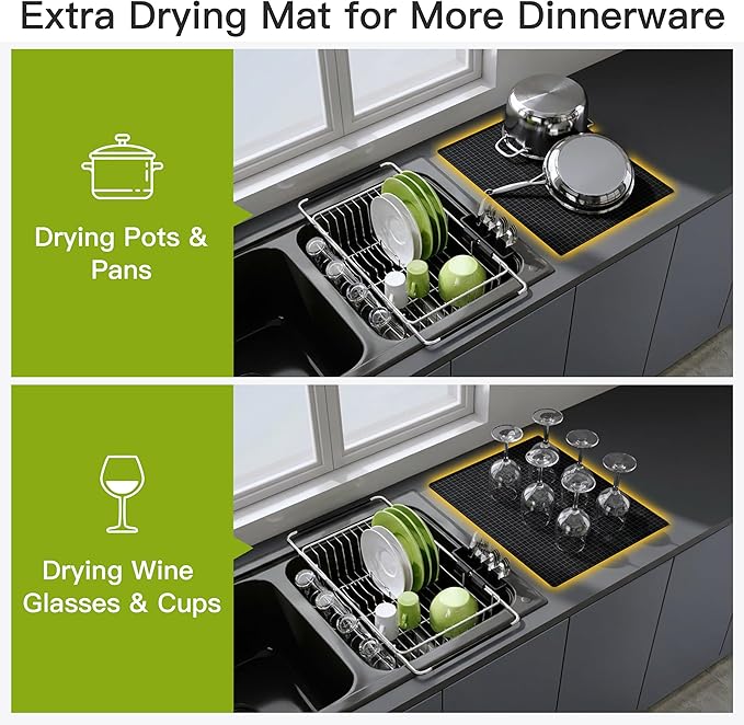 JASIWAY in Sink Dish Drying Rack with Mat, Cups and Utensil Holder | Use Over the Sink or Counter, Stainless Steel Expandable Dish Drainer for Small Kitchen, Space Saving, Fast Drain, Rustproof
