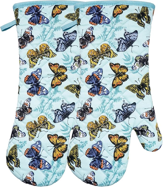 Oven Mitts Cotton Fashion Cute Butterfly Design 1 Pair | Heat Resistant Oven Gloves Safe Cooking Baking Grilling Barbecue Machine Washable Pot holders Christmas Gift (Butterfly)