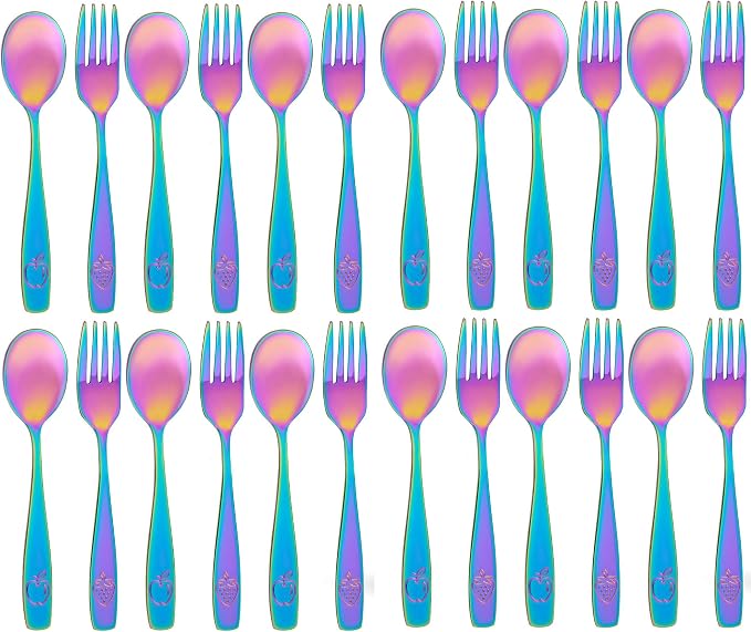 Stainless Steel Kids Silverware Set 24 Pieces (2 Pack of 12) - Child and Toddler Safe Flatware - Kids Utensil Set - Metal Kids Cutlery Set (Includes 12 Small Kids Spoons & Kids 12 Forks, UV Rainbow)