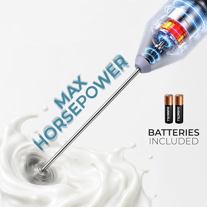 Zulay Kitchen Powerful Milk Frother AA Batteries Included – Ultra Fast Handheld Drink Mixer with Stainless Steel Whisk Stirrer for Coffee, Protein, Matcha & More, Frother Wand Electric Frothmate