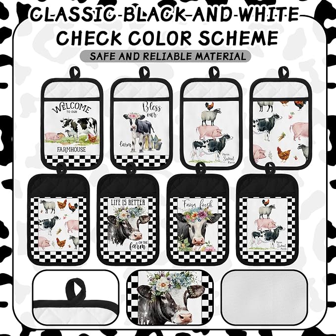 8 Pcs Pot Holders with Pocket Farmhouse Kitchen Decoration Farm Animal Cute Heat Resistant Potholders Hot Pad Oven Mitts Cookie Bag Oven Gloves for Kitchen Decorations Baking Cooking Gifts