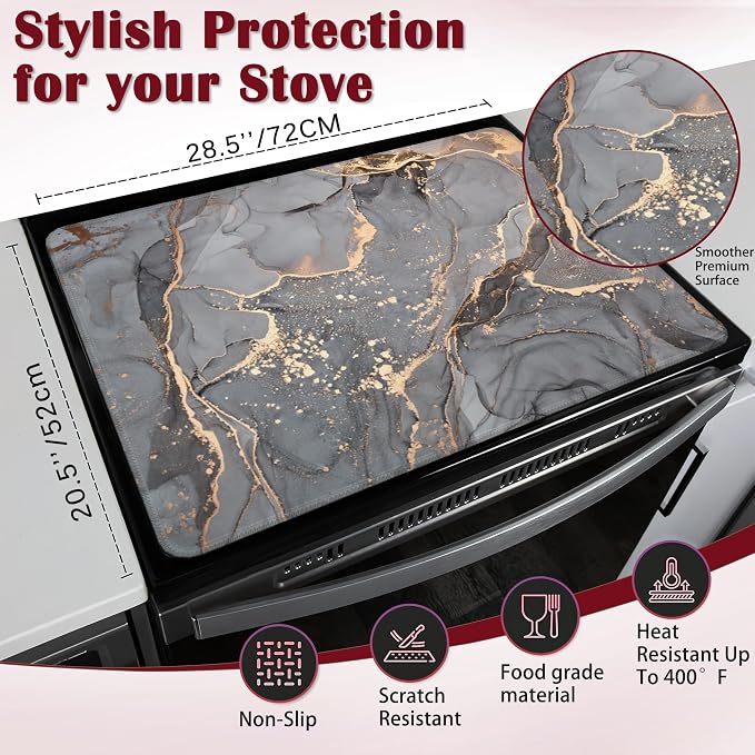 Gray Gold Marble Electric Stove Top Cover Protector,Glass Flat Top Stove Mat,Heat-Resistant Oven Induction Cooktop Mat for Ceramic Countertop Mats Dish Drying Mat