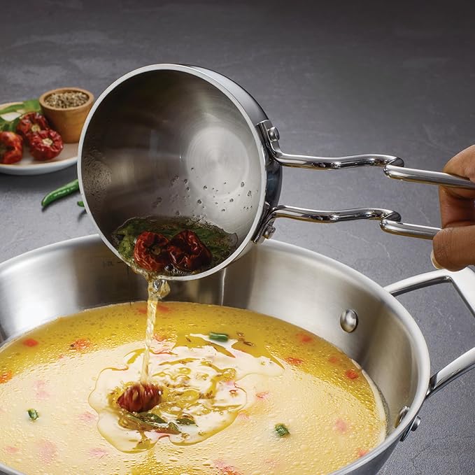 Tramontina Utsava 4-Inch Tri-Ply Clad Stainless Steel Tadka | Spice Heating Pan for Indian Cooking
