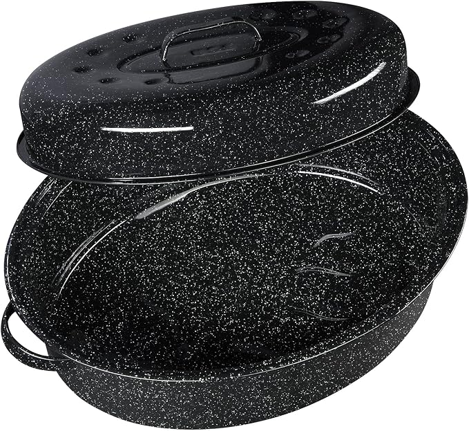 Granite Ware Covered Oval Roaster, 20 Lb Capacity - Speckled Black | Porcelain Surface Enamel Steel Roasting Pan with Lid, Oven & Grill Safe Cookware for Poultry, Meats, Vegetables & Roasting