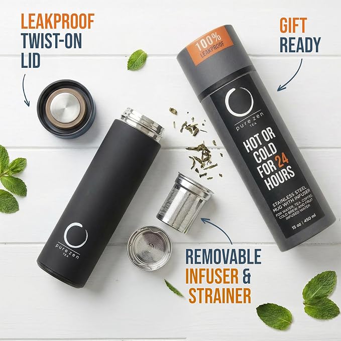 Pure Zen Tea Insulated Tea Infuser Bottle, 15 oz, Tea Thermos with Infuser | Leakproof, Hot and Cold 24 Hrs - for Tea, Coffee and Water, Stainless Steel, Tea Gift Set, Tea Tumbler with Infuser, Blue