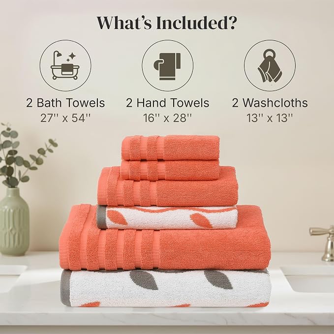 Modern Threads 6 Piece Bath Towel Set – Bathroom Set with 2 Bath Towels, 2 Hand Towels, and 2 Wash Cloths – 100% Cotton, Super Absorbent & Extra Soft – Reversible Natural Vine (Rust Orange)