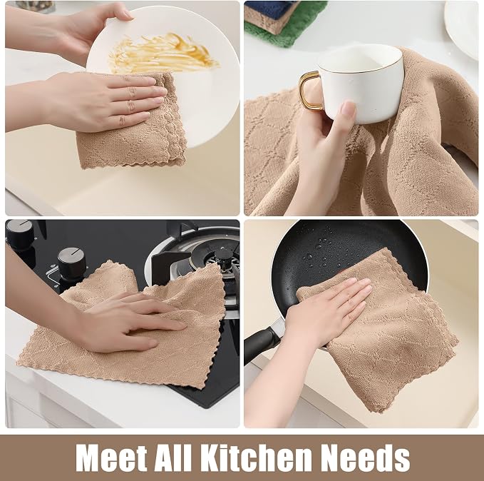 Homaxy Super Soft 12 Pack Kitchen Towels and Dishcloths Set, Tan | Ultra-Absorbent, 10 x 10 and 13 x 19 Inches, Coral Velvet, No Lint, Nonstick Oil, Fast Drying, Microfiber Cleaning Cloth