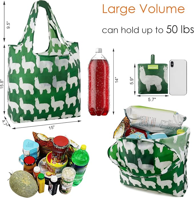 BeeGreen Animal Reusable Shopping Bags Cute Grocery Bag 6 Pack, Christmas Gift Bags Heavy-Duty Foldable Shopping Totes for Supermarket, Work & Travel, Large Washable Polyester Tote Bag with Handles