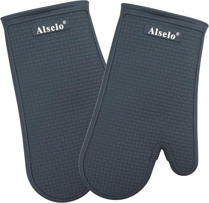 Alselo Silicone Oven Mitts Set, Heat Resistant 550 Degree,7.5"x12" | Kitchen Mittens,Waterproof & Non-Silp Oven gloves for Baking Cooking Barbecue Microwave & Machine Washable(Grey, 2)