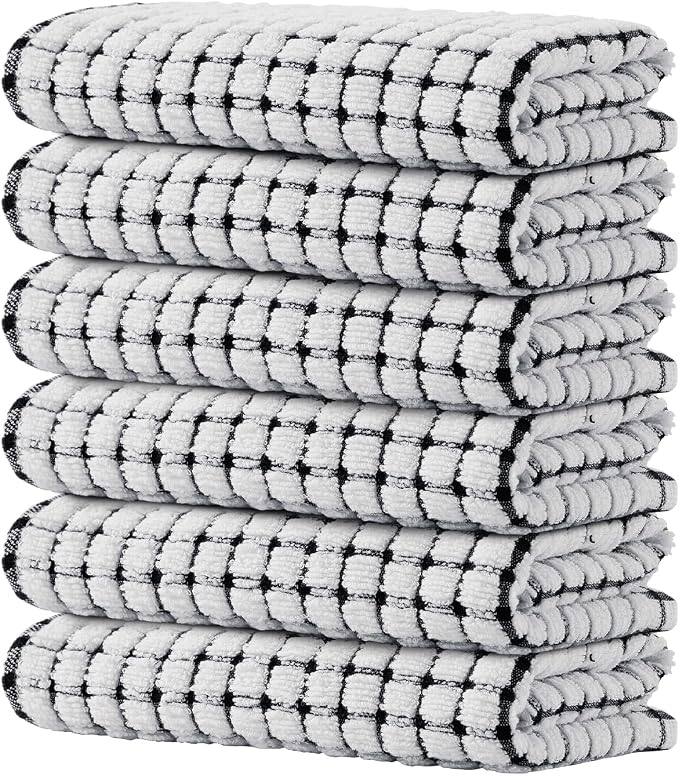Kitinjoy Cotton 6 Pack Terry Kitchen Towels, Black | 16 x 25 Inches Super Soft and Absorbent Dish Towels, Quick Drying hand towels for kitchen Drying