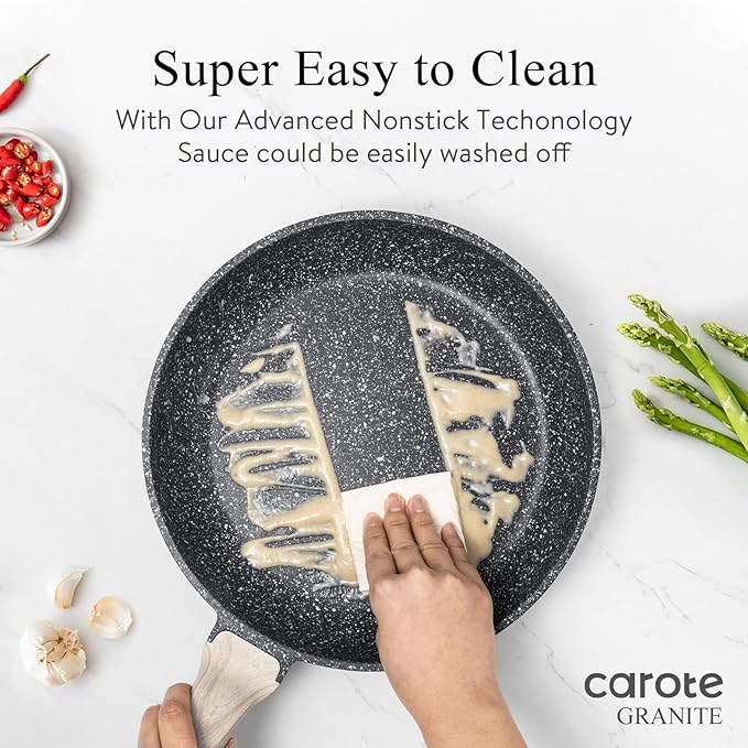 CAROTE Non Stick Frying Pan, 10 Inch Classic Granite Skillet with Glass Lid | Non Toxic Kitchen Healthy Stone Cookware, Compatible with All Stovetop, Dishwasher Safe, PFOA Free