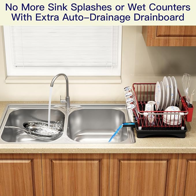 Red Dish Drying Rack Over Sink with Utensil Holder, Drainboard | Expandable Stainless Steel Dish Drainer for Small Kitchen, Apartment, RV, Counter Space Saving, Perfect Fit, Rustproof