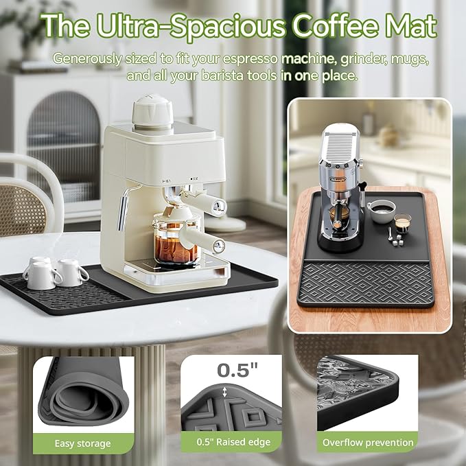 Silicone Coffee Mat with Raised Edges 24" x 16" – Waterproof Countertop Mat, Coffee Maker Pad, Espresso Machine Mat, Heat Resistant Dish Drying Mat