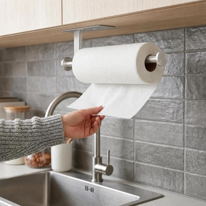 Paper Towel Holder Wall Mount,No Drill,SUS304 Steel, Space Saving | Maximize countertop space with secure roll storage. Fits kitchens, bathrooms, RVs and pantries with flexible mounting options
