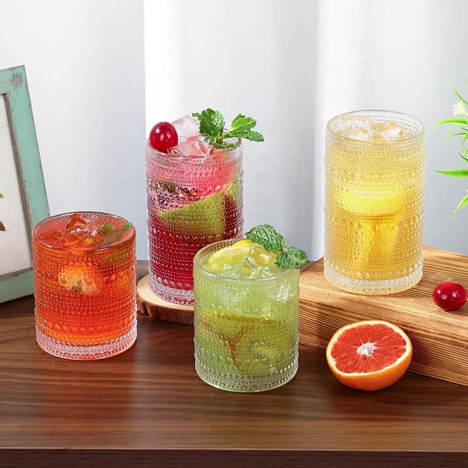 Moretoes Hobnail Drinking Glasses Set of 6, Vintage Water Glass Cups | 12 Oz Highball Glasses & 10 Oz Cocktail Glasses, Clear Embossed Boho Kitchen Bar Tumbler for Whiskey, Beer, Juice, Milk