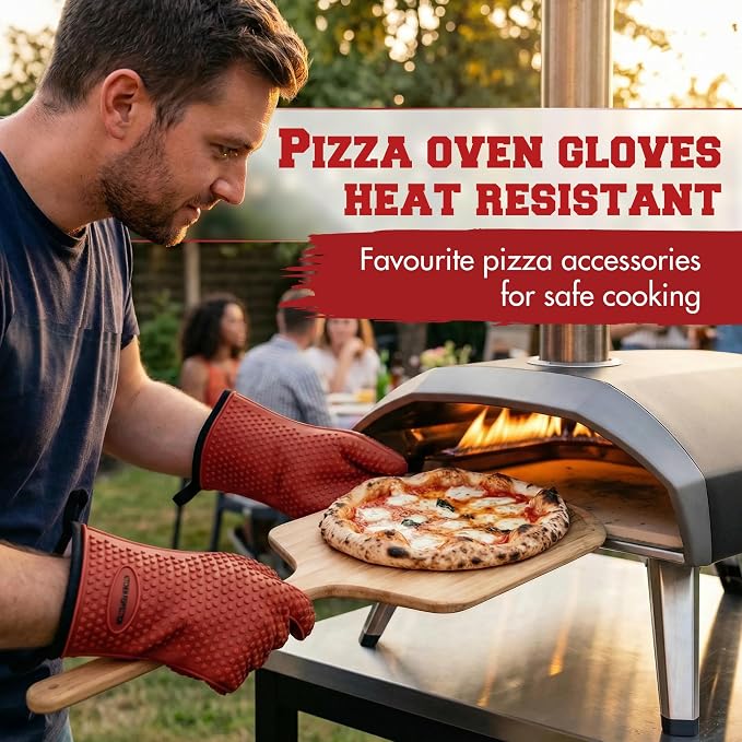KITCHEN PERFECTION XL Silicone Pizza Oven Gloves Heat Resistant Oven Mitts | Waterproof, 5-Finger Design For A Better Grip, for Outdoor & Indoor Pizza Ovens, Compatible with Ooni, Ninja, Gozney & More