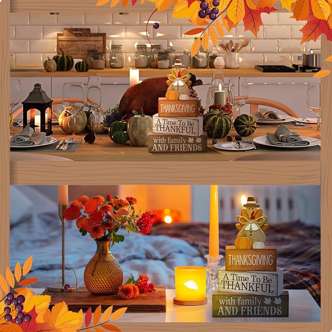 Lineshading 4 Pcs Fall Decoration For Home Wooden Thanksgiving Turkey Decor | Rustic Farmhouse Stacked Sign Blocks, Tiered Tray Tabletop Decor, Thankful Message for Home Family Gatherings