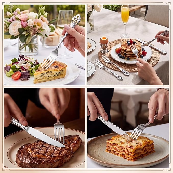 Nuenen 100 Pieces Retro Royal Stainless Steel Dinner Flatware Cutlery Set, Vintage Carved Tableware Set for Butter Kitchen Restaurant, Dishwasher Safe(silver, 8.98 Inches, 8.07 Inches, Classic) | Classic Dinner Flatware, Dishwasher Safe for Kitchen Res...