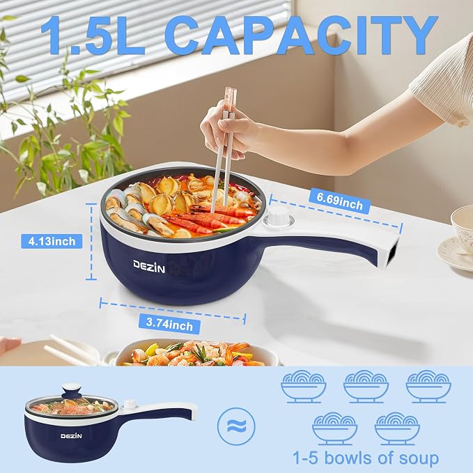 Dezin Electric Pot with Steamer, 1.5L Non-Stick Portable Hot Pot Electric | Dual Power, Upgraded 700W Electric Pot for Cooking Steak, Egg, Ramen Cooker for Dorm, Travel, Office, Easy to Clean, Navy Pan