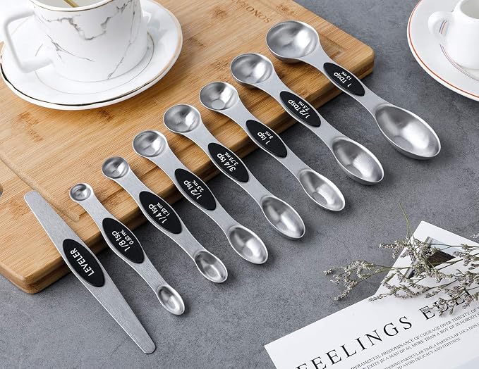 Magnetic Measuring Spoons Set Stainless Steel Stackable Measuring Spoons | Dual Sided Nesting Teaspoons Tablespoons Set of 8 for Measuring Dry and Liquid Ingredients