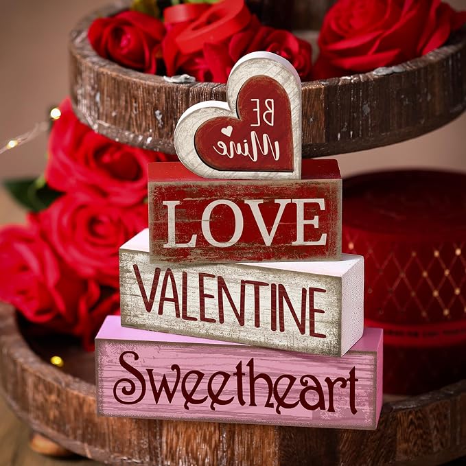 Lineshading 4 Pcs Wooden Valentine Block Signs Tiered Tray Decor