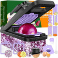 12-in-1 Vegetable Chopper 7 Blades, Veggie Cutter with Handle, Black/Purple | Stainless Steel Blades, Food Container and Lid, Dicer, Slicer, Julienne, Egg Separator, Non-slip Base, Include Cleaning Tools