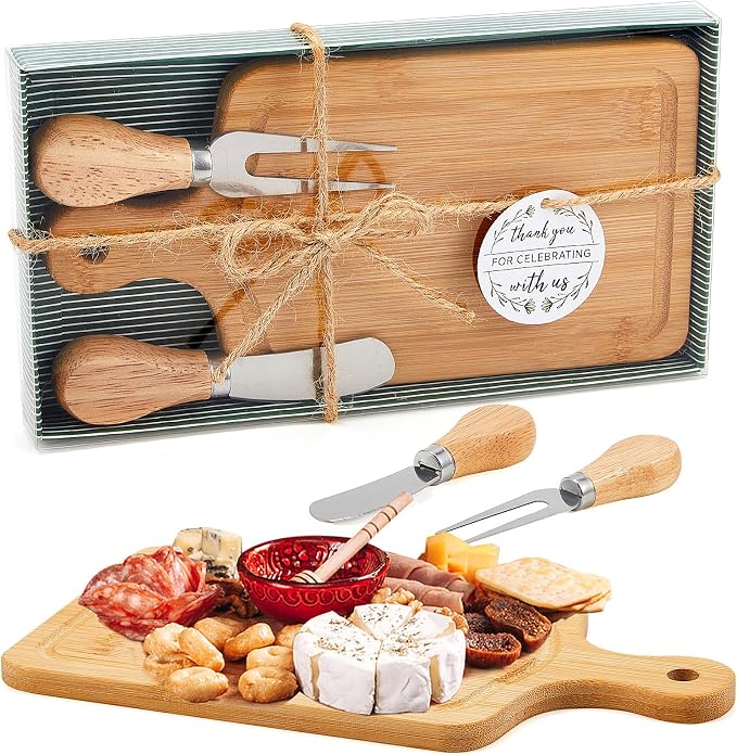 1 Set Bridal Shower Favor Prizes Charcuterie Board,Bamboo Color | Bamboo Cheese Board with Knife Fork Thank You Tag, Gift Box for Guests, Valentines Wedding Baby Shower Party Favors