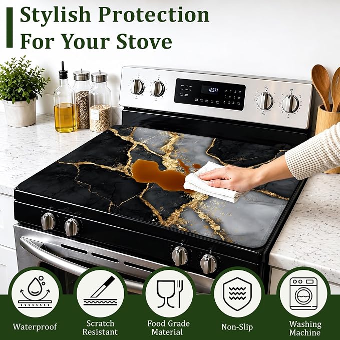 Stove Top Cover Black Gold Marble 28.5x20.5Inch for Electric Stove, Heat Resistant Silicone Cooktop Protector,Glass Stove Cover Mat,Anti Scratch Countertop Protector
