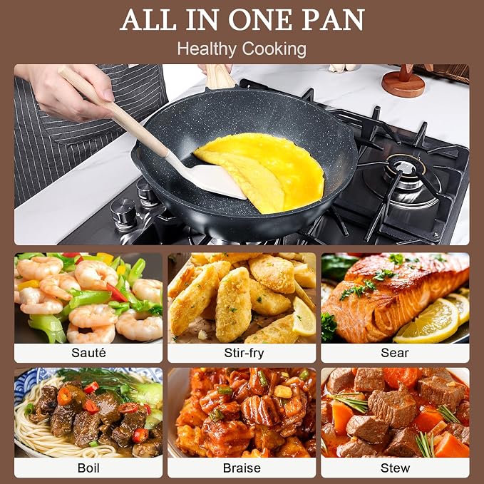 GiPP Ceramic Nonstick Deep Frying Pan Skillet, 12" Saute Pan with Lid, Induction Cookware Non Stick Cooking Pan, PTFE PFOA PFOS APEO Free, Grey
