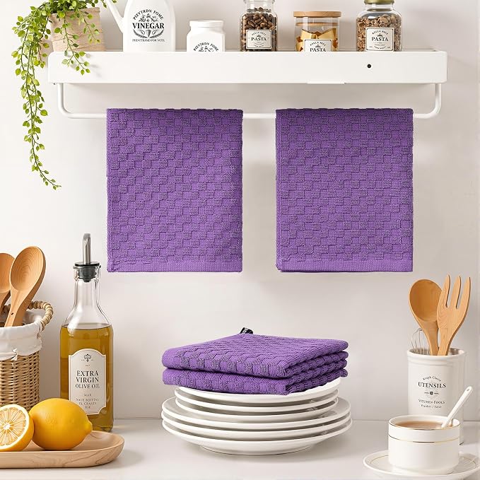 Homaxy 100% Cotton Terry Dish Cloths, 12"x12", 12-Pack, Purple | Ultra Soft Absorbent Dish Towels with Hanging Loop, Pineapple Grid Designed