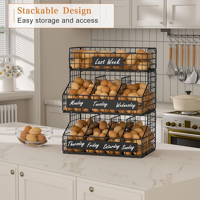Egg Holder Countertop with 5 Dividers & DIY Nameplate to Separate Eggs | 3 Tier Stackable Wire Storage Baskets for Gathering Fresh Eggs, XXL Large Egg Rack, Wall-Mounted (Patent Pending)