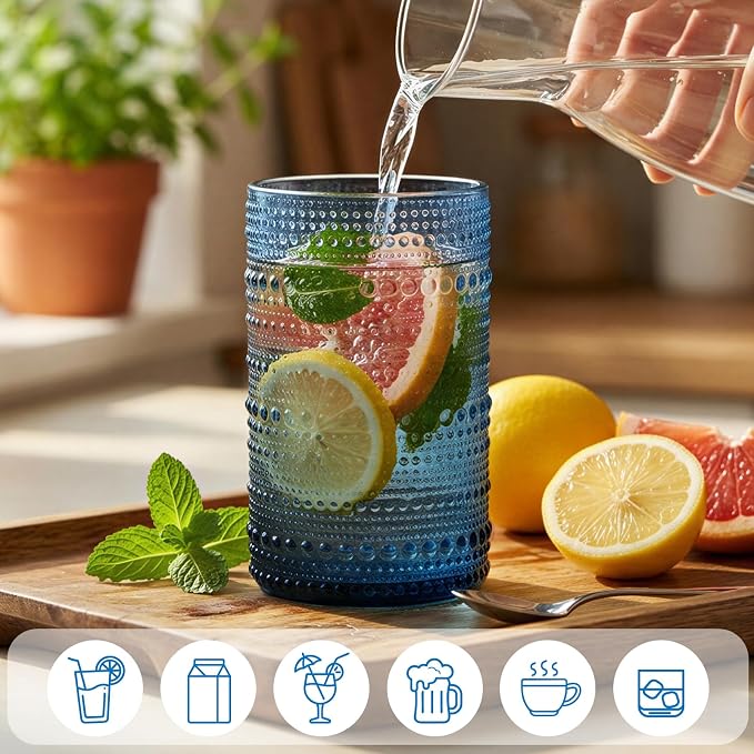 Moretoes Blue Hobnail Drinking Glasses Set of 16,Glass Cups | 12 Oz Highball Glasses & 10 Oz Cocktail Glasses, Kitchen Bar Tumbler Glassware Set for Whiskey, Beer, Juice, Milk