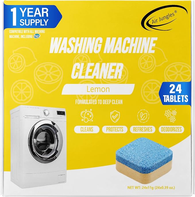 Air Jungles Washing Machine Cleaner Tablets 24 Count, Lemon Scent | Deep Cleaning, Dirt Remover, Clean Laundry Washer Drum and Tub, Compatible with Front and Top Load Washer, 12 Month Supply