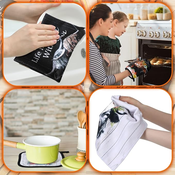 Bencailor 6 Pcs Cattle Kitchen Towels Oven Mitts and Pot Holders Set Decorative Dish Towels Tea Washcloth Non Slip Heat Resistant Oven Gloves for Summer Home Cooking Baking, Retro Color