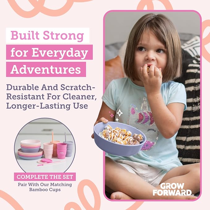 Grow Forward Bamboo Kids Plates and Bowls Sets - 8-Piece Dishwasher Safe Non Toxic Plates for Kids - Reusable Eco Friendly BPA Free Dishes Dinnerware Sets for Children - Floral