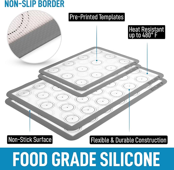 Zulay (Set of 4) Silicone Baking Mat - Macaron Silicone Baking Mats With Pre-printed Template Design - Non Stick & Reusable Silicone Baking Sheet - 2 Half Size + 2 Quarter Size (Gray)