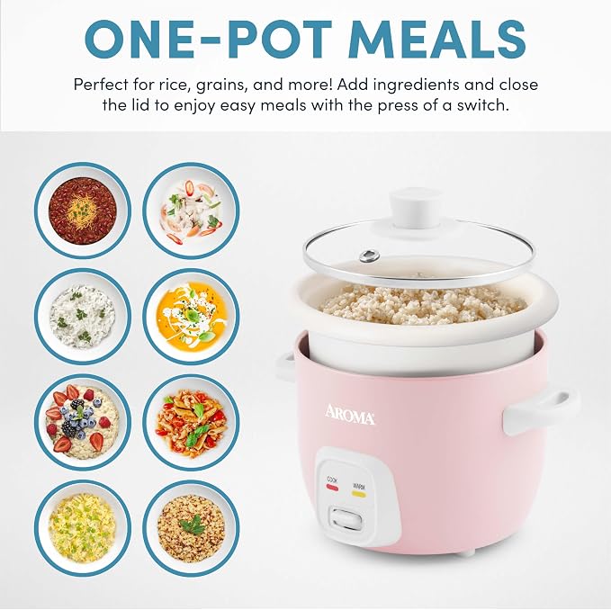 AROMA® Mini Rice Cooker, 2-Cup (Uncooked) / 4-Cup (Cooked), Grain Cooker, Soup Maker, Oatmeal Cooker, Auto Keep Warm, 1 Qt, Pink, ARC-302NGP
