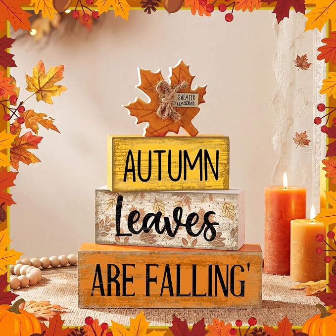 Lineshading 4 Pcs Wooden Fall Block Signs Farmhouse Tabletop Tiered Tray | Rustic Autumn Theme, Stackable Wooden Blocks for Mantel Shelf, Thanksgiving Seasonal Gift, Farmhouse Style Home Accents
