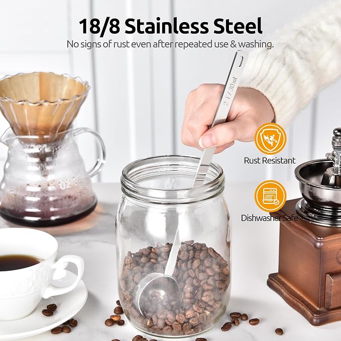 U-Taste Coffee Scoop 2 Tablespoon: 18/8 Stainless Steel Measuring Scooper for Ground Coffee, Bean, Powder, Espresso, 8.5in Extra Long Handle Metal Meaure Spoon for Canister, Jar (2Tbsp/30ml, Silver) | 18/8 Stainless Steel Tablespoon Scoop, Long Metal C...