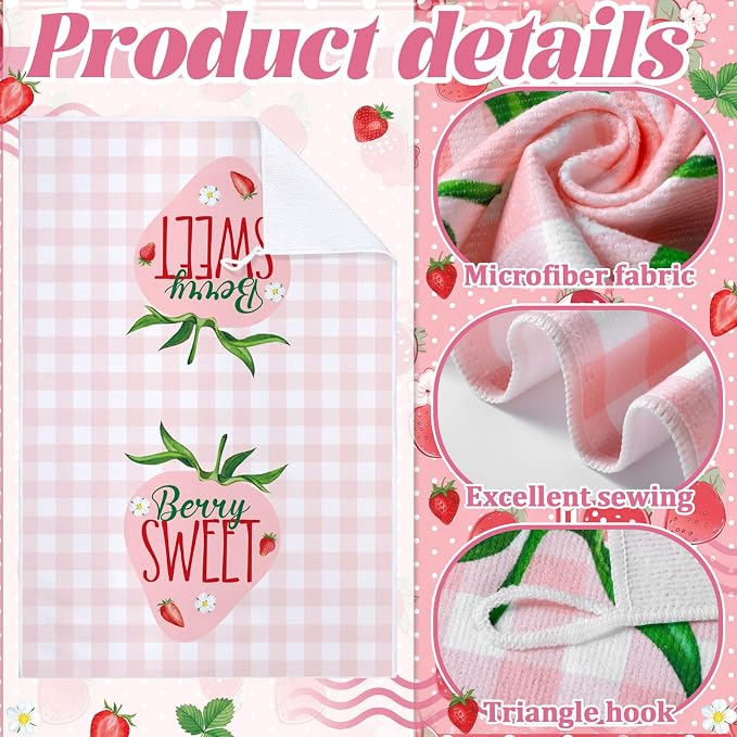 4 Pcs Strawberry Kitchen Towels Summer Berry Hand Dish Towels Absorbent White Pink Grid Tea Towel Fast Drying Housewarming Gift for Kitchen Bathroom Holiday Summer Strawberry Party Decor