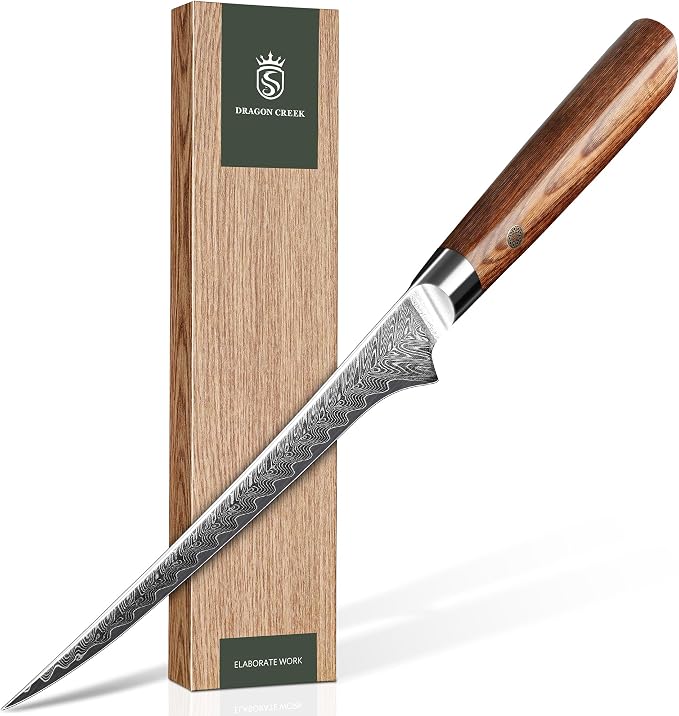 Dragon Creek Damascus Fillet Knife - Fish Vegetable Cutting | Japanese Fillet Knife for Birthday Thanksgiving Gift for Mom or Dad