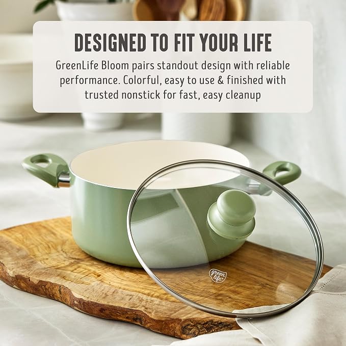 GreenLife 5QT Ceramic Nonstick Stockpot with Lid, Sage Green | PFAS-Free Nonstick Coating, Casserole Pot, Soup Pot, Pasta Pot, Induction Ready, All Stovetop Compatible, Dishwasher Safe