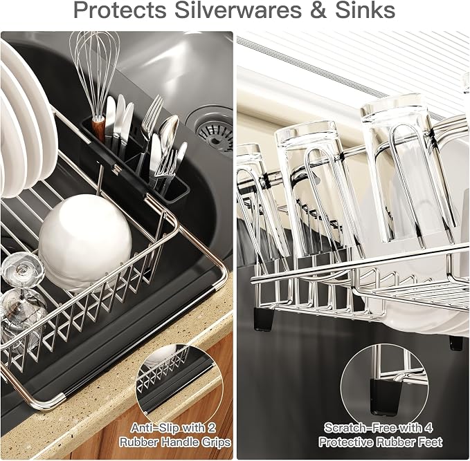 Dish Drying Rack Over The Sink with Adjustable Utensil Holder | Expandable Stainless Steel Dish Drainer for Small Kitchen, Apartment, RV, Counter Space Saving, Perfect Fit, Rustproof