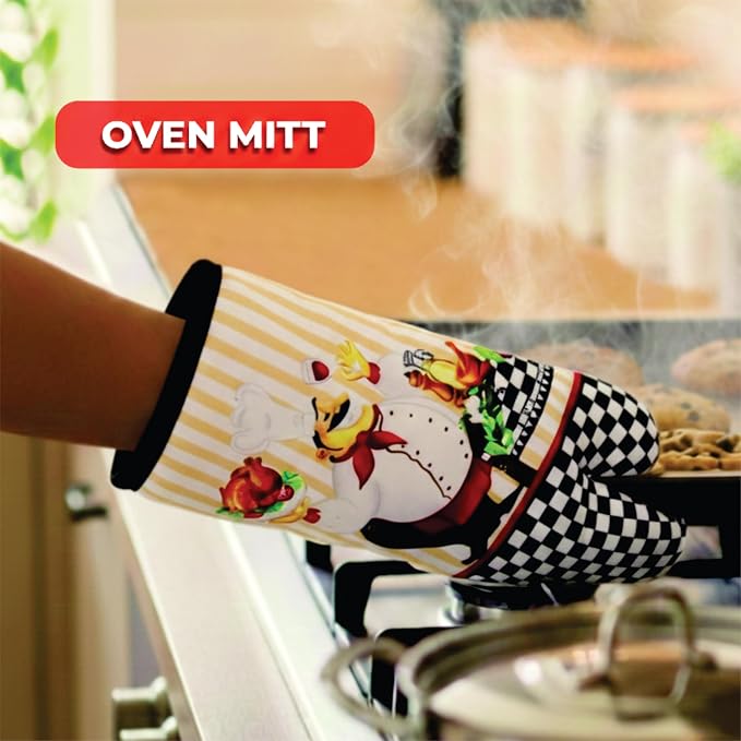 Chubby Uniformed Chef Design, 5 Piece Set | Kitchen Towel Set with 2 Decorative Dish Towels (25 X15), 1 Oven Mitt (11 X 7) and 2 Potholders (6.5 X 6.5)