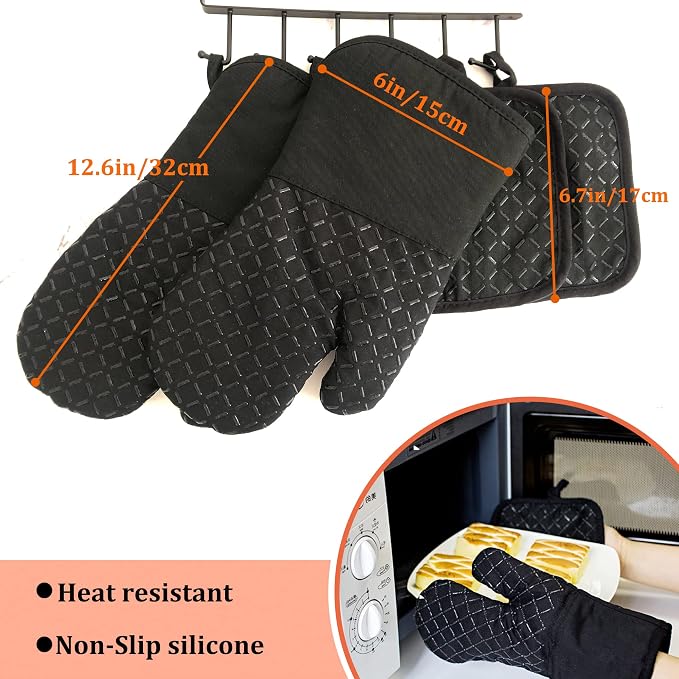 4 Pcs Oven Mitts and Pot Holders,Oven Glove High Heat Resistant 500 Degree,Long Oven Mitts with Recycled Cotton Infill and Silicone Non-Slip Surface for Baking,Kitchen,Cooking(Black)