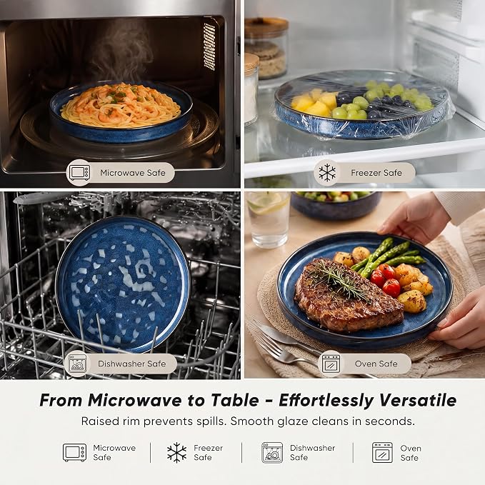 E-far Stoneware Dinnerware Set, 12-Piece Plates and Bowls Sets for 4 | Modern Dishes for Kitchen Dining, Reactive Glazing & Ripple Design, Chip Resistant, Microwave & Dishwasher Safe, Starry Blue