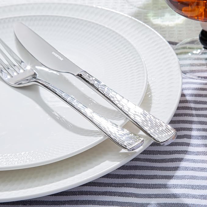Silverware Set for 12, 60 Piece Flatware Set, 18/10 Stainless Steel | Hammered Mirror Polished Ripple Handles, Dishwasher Safe, Rust Resistant, for Home Kitchen, Wedding, Party, Housewarming Gift